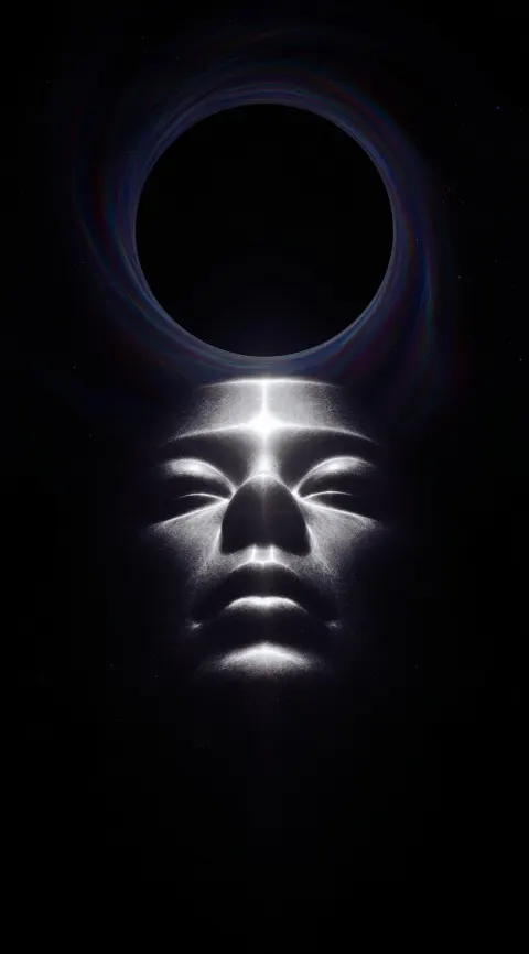 A face made of light glowing in the darkness, dark background, frontal view, symmetry