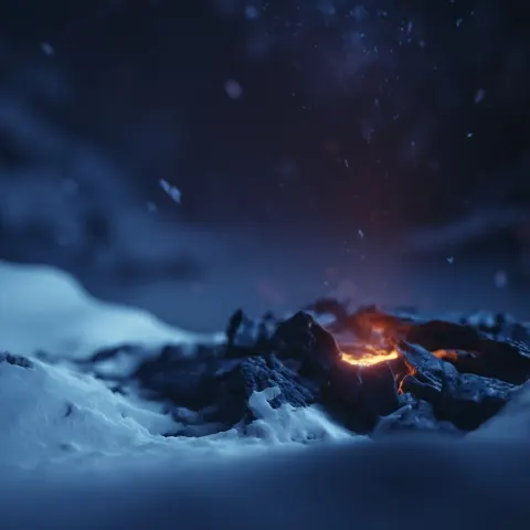 A faint glowing ember resting on dark charcoal, partially covered by fresh snow