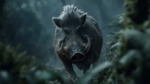 A ferocious, one-tusked wild boar charges into the dense forests of Thailand. powerful yet tense and
