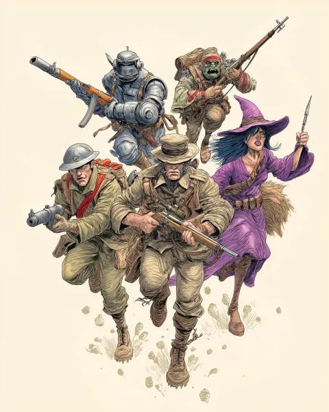 A full color pen and ink comic book illustration of a group of five warriors rushing forwards brandi