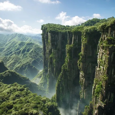 A futuristic vertical city built into a cliff side, with lush greenery. the cliff side stands high a