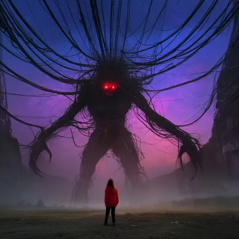 A giant towering, galactic terror glowing red eyed demon with futuristic wires and writhing limbs re