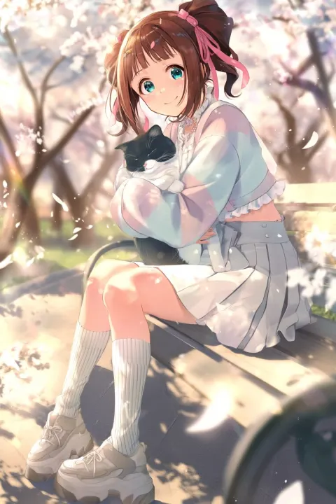 A girl Haruka, brown twintails tied with pink ribbons on both sides, aqua eyes