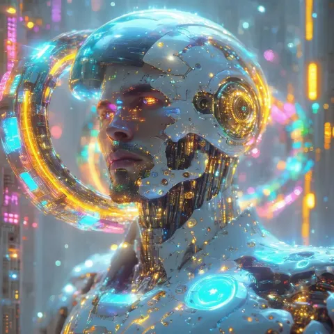 Retro Futuristic Cyborg With Iridescent Rings