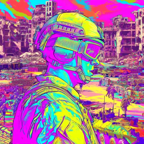 A highly detailed, vibrant pop-art portrait of a modern military soldier wearing a tactical helmet a