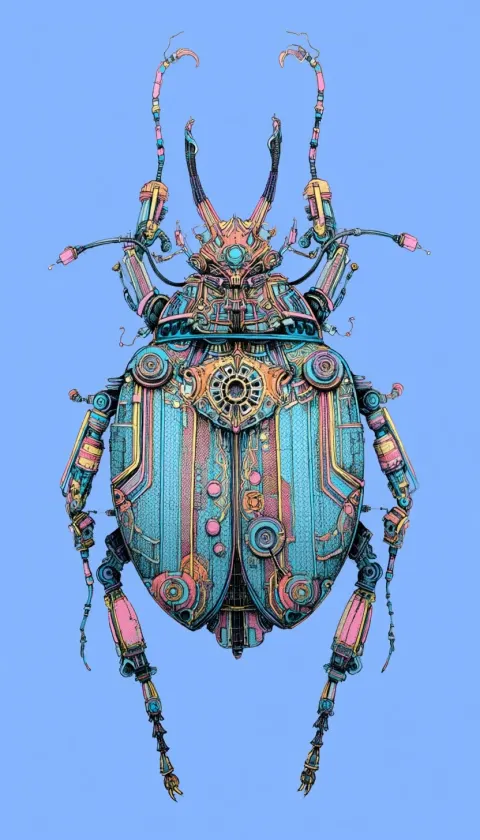 A illustration of intricate drawing, a colorful cyberpunk 2D robot beetle in Periwinkle blue backgro