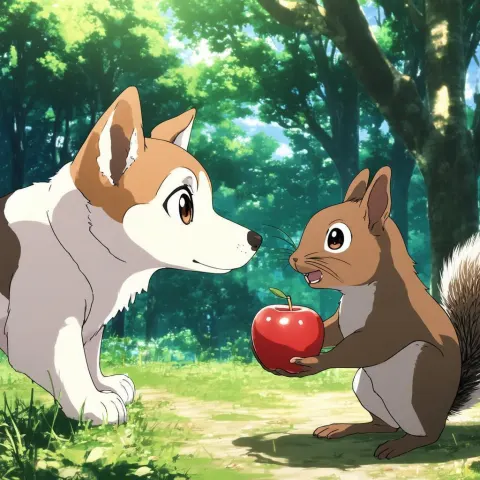 Wide Eyed Anime Dog Sharing an Apple