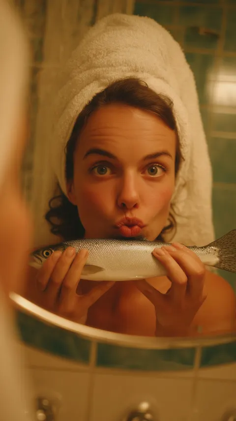 A mid 30s woman a whole salmon fish on her face in front of her bathroom mirror