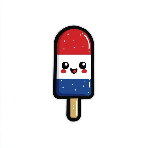 A patriotic rocket popsicle with red top section, white middle, blue bottom, on a wooden stick