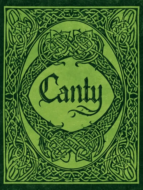 Create a booklet Cover that has a caligraphic, stylized name "Canty" that is the focal point
