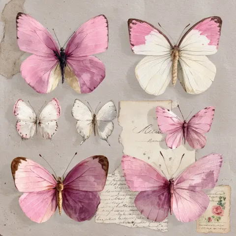 Watercolor painted butterflies, light and dark pink, whites, ephemera, vintage aged background