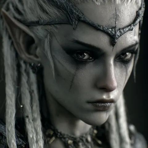 A photorealistic full body screenshot of a lithe shadar-kai elf woman with pale white skin