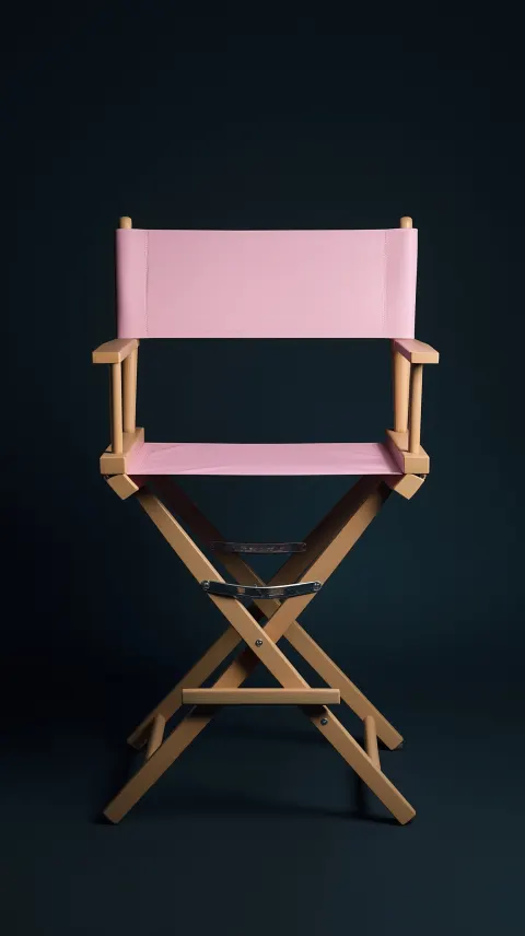 A pink director's chair, centered and facing directly towards the camera. A film clapper is placed u