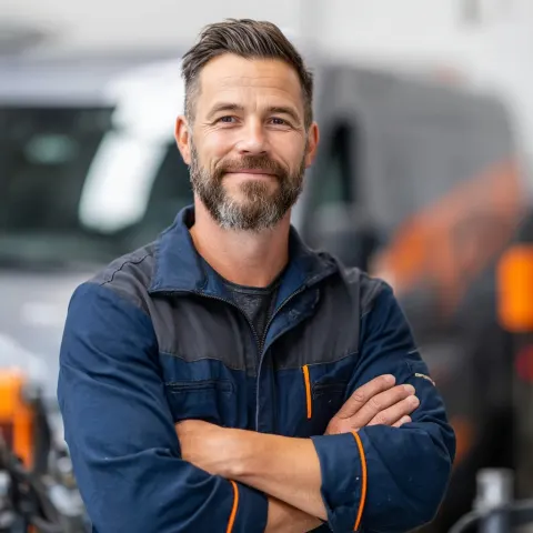 A professional HVAC technician staff portrait, standing confidently in a clean modern workspace or i