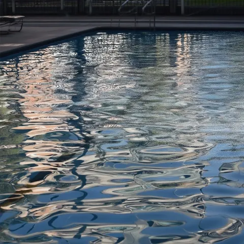 A public pool with water shimmering unnaturally. The surface glitches
