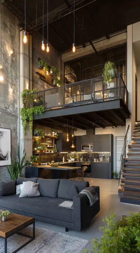 Modern interior design, with an open-space living room and kitchen featuring a double-height ceiling