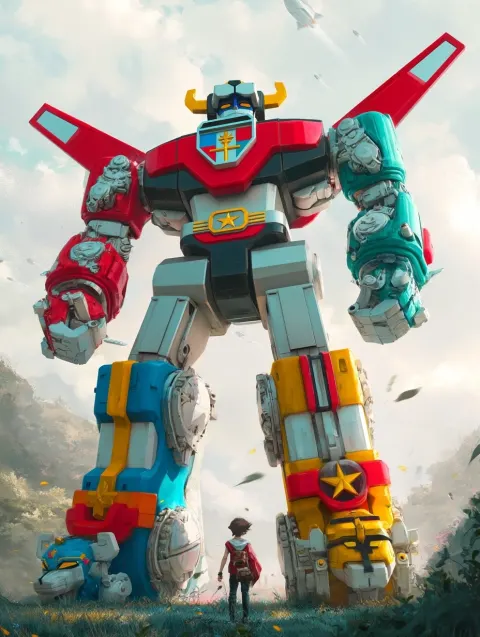 A robot inspired by old japanese anime Voltron, realistic rendering style