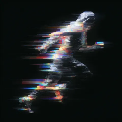 A running human figure formed by digital glitch fragments