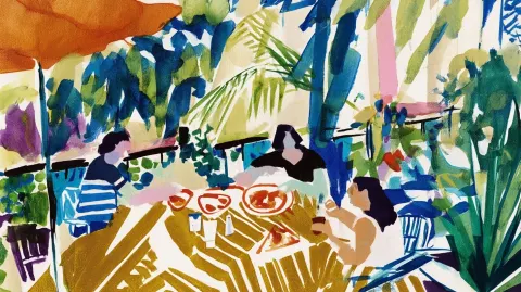 A sunny summer in a garden with pizza and drinks, zoomed out, high attention to details