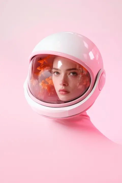 A surreal, hyper-realistic portrait of a young woman wearing a glossy retro-futuristic helmet with a