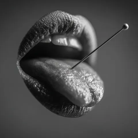 A tongue sticking out with a sewing needle in it- studio lighting, realistic, black and white
