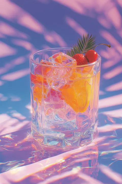 A vaporwave inspired poster of a tropical cocktail. Glass with ice and a garnish of beautiful fruit.