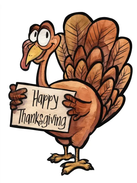 A watercolor-style illustration of a Thanksgiving turkey. The turkey is holding a sign that reads "H