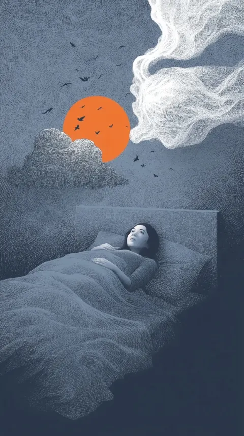 A woman lying in bed, with birds flying in the sky and an orange sun behind it. the artwork is made