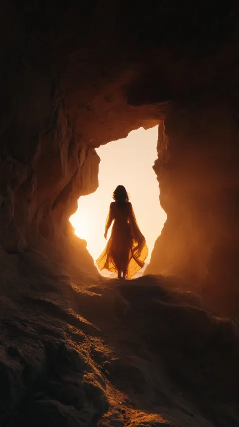 A woman stepping out of a cave into morning light, silhouette in the cave opening