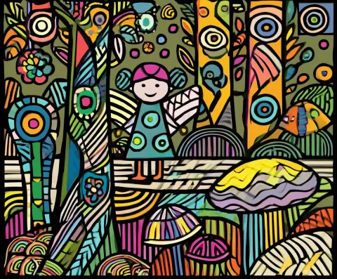 The fairy cute child in the magic forrest, Color, Eerie black, Xanthous, Alabaster, Tekkhelet