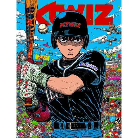 "ktwiz" Baseball team player hit the ball, wearing black color uniform
