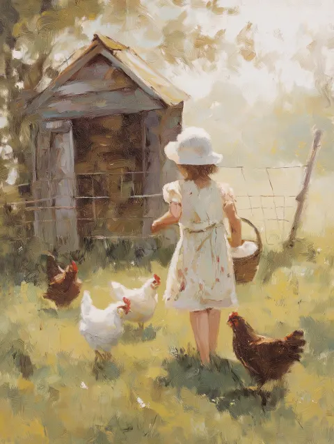 An impressionistic oil painting of a young girl in a spring dress with vintage apron and vintage bon