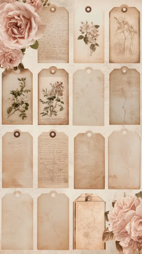 Antique botanical tag sheet with blush pink garden roses, aged botanical book pages