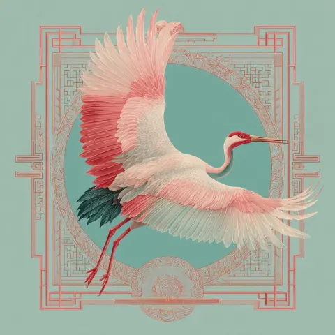 Artwork of a light aqua background, light coral pink crane flying in the centre