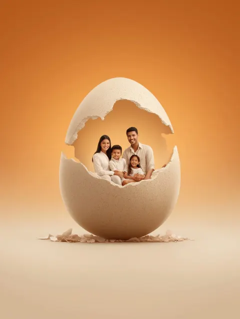 Premium easter themed conceptual image, a large glossy beige easter egg cracked open with the top sh