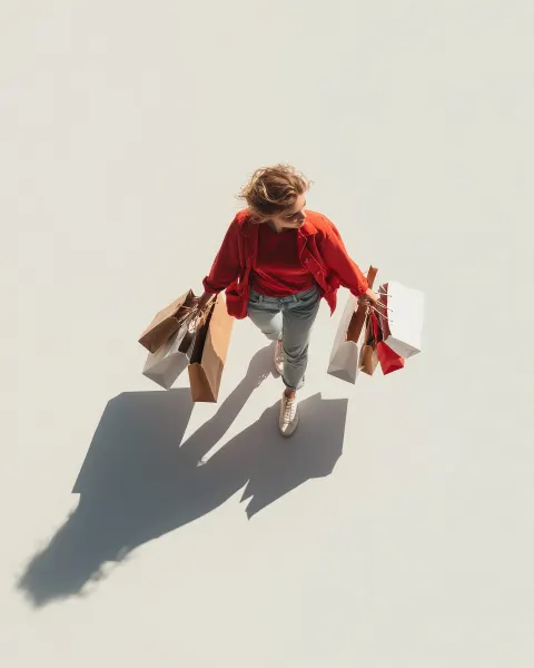 Bird´s eye view of a caucasian woman, wearing jeans and a red shirt