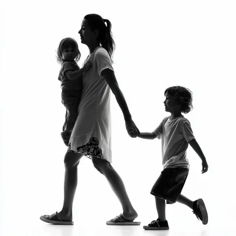 Black and white photo of a mom carrying a child and holding the hand of a second walking child