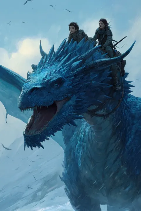 Book cover illustration. two person riding a wild blue dragon with a super long neck