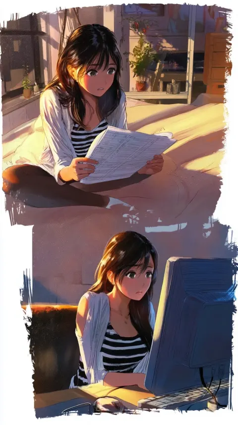 A Japanese woman is seen in her room, alternating between looking at her resume and the website of a