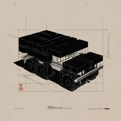 Brutalist geometric logo of a boxy off-road vehicle. The roof and upper body are constructed from th