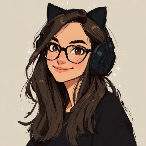 Cartoon style drawing of a woman with long brown hair, brown eyes, black nerdy glasses