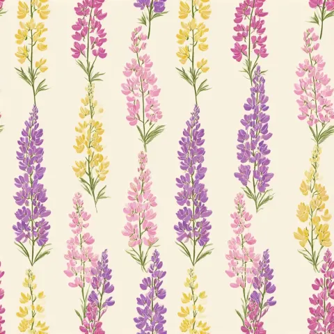 Seamless floral pattern, lupine flowers, flat illustration, light purple, pink, yellow