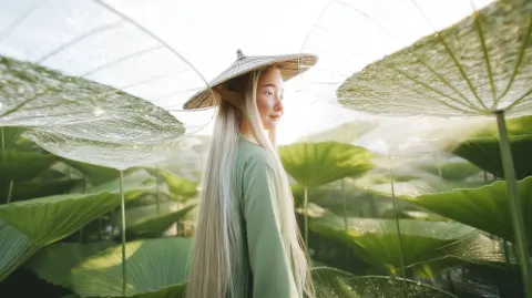 Elven woman with long, flowing ash-silver hair down to her knees stands in a lotus leaf forest