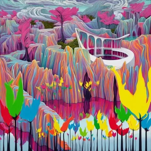 Giant surreal flowers rising in the foreground, petals glowing in bold pop-art yellows, reds