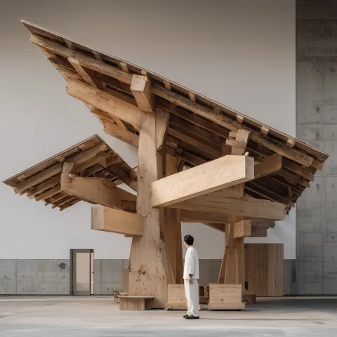 A wooden truss structure with an L-shaped roof, designed by Japanese architect Tadao Ando. A still l