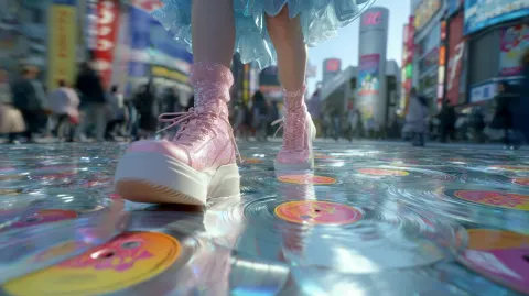 Cinematic low-angle forward tracking shot, hyper-detailed photorealistic surreal cyberpunk scene
