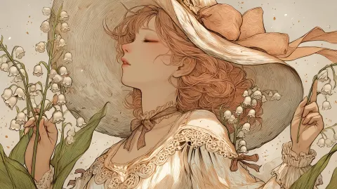 CLAMP style illustration, a gentle flower witch with eyes softly closed