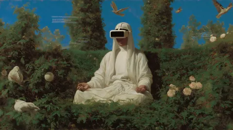 Classical oil painting, a figure in white robes meditating in a lush garden wearing a VR headset