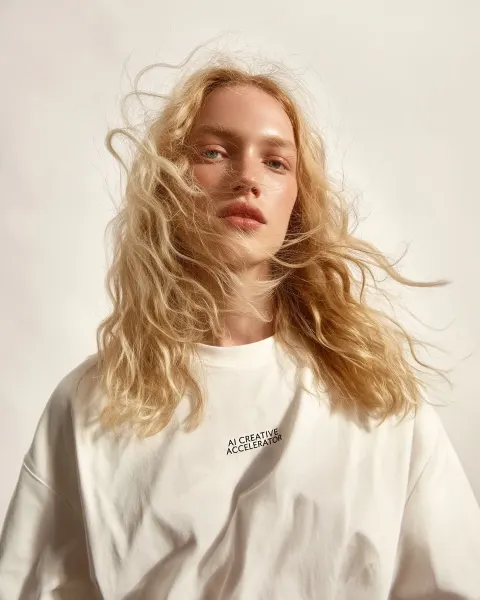 Close-up of the woman's hair, showing long and wavy blond locks that flow around her face