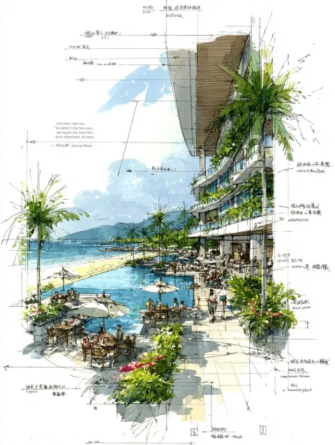 Concept sketch of a luxury beachfront hotel in Sanya